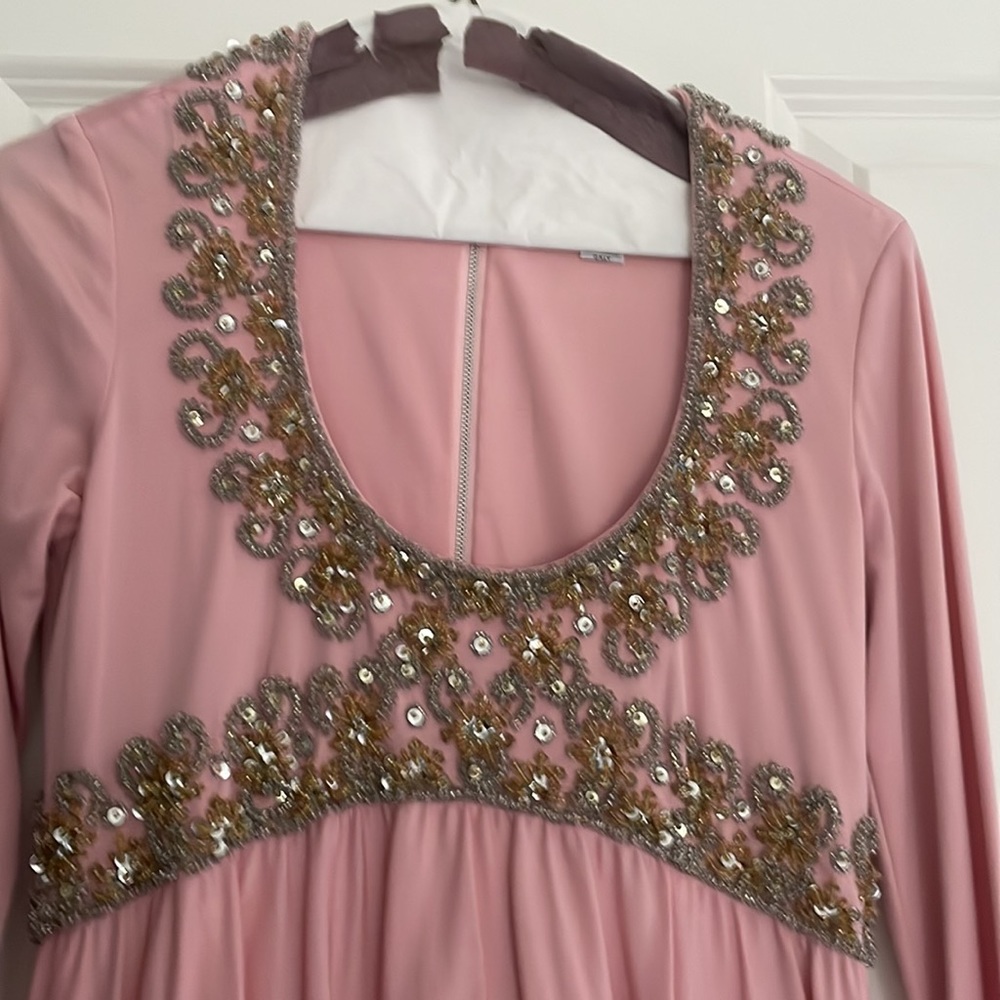 Victoria Royal LTD vintage empire waist pink gown with beading. Long sleeve sz 8